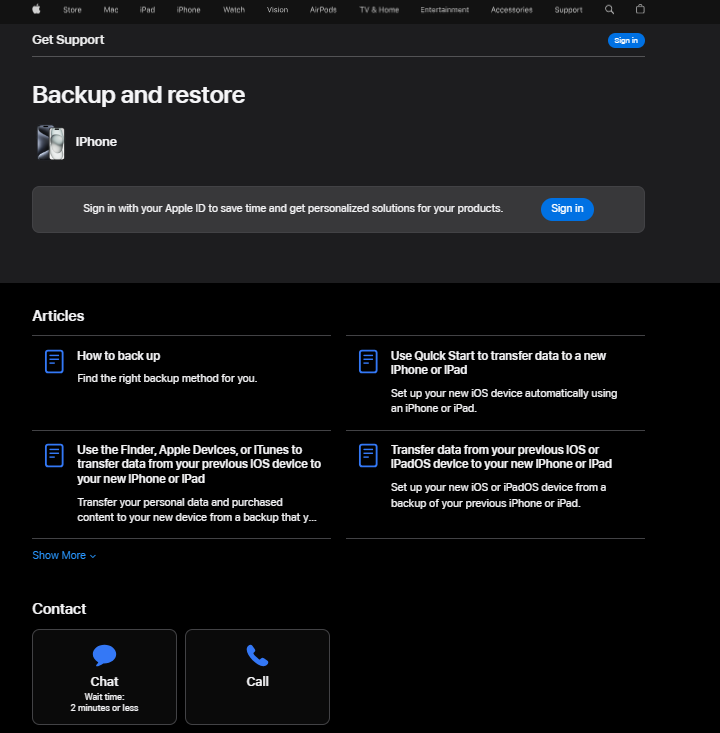 Apple pagalbos puslapis su pagalbos galimybėmis