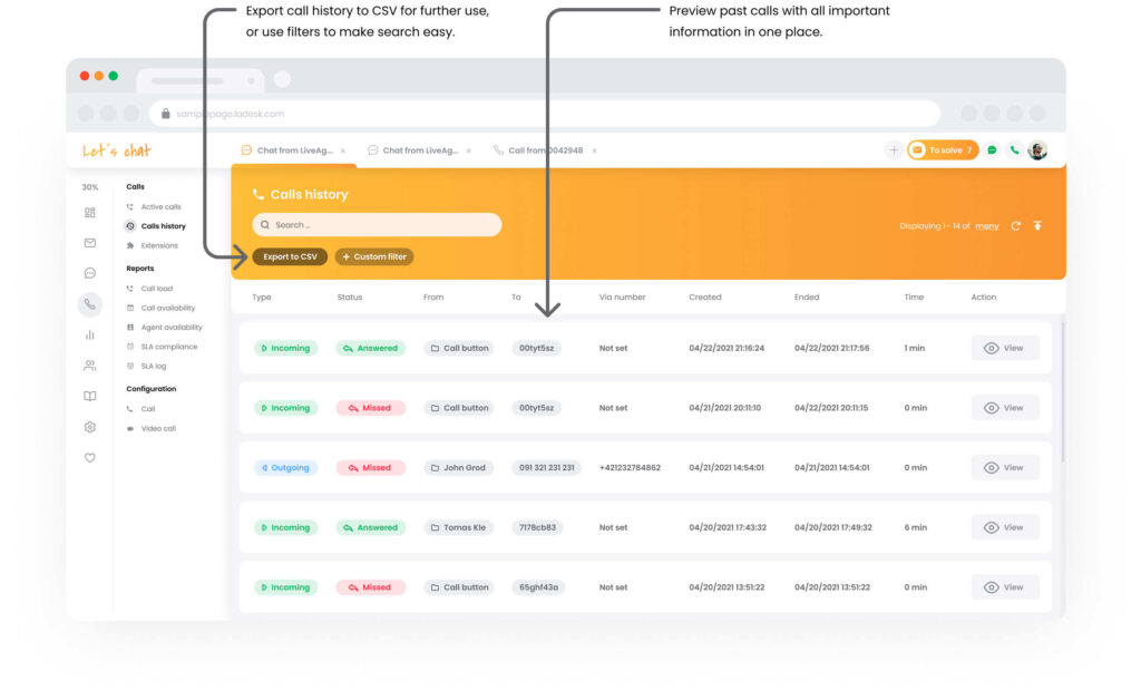 Skambučių centro skambučių istorija LiveAgent