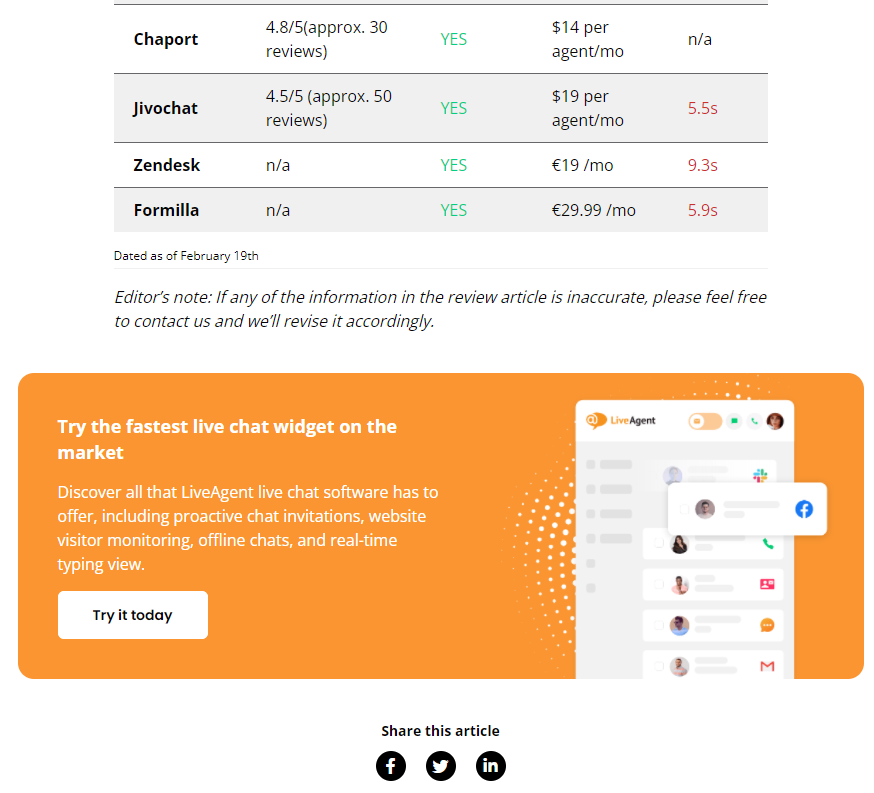LiveAgent turinio pabaigos CTA