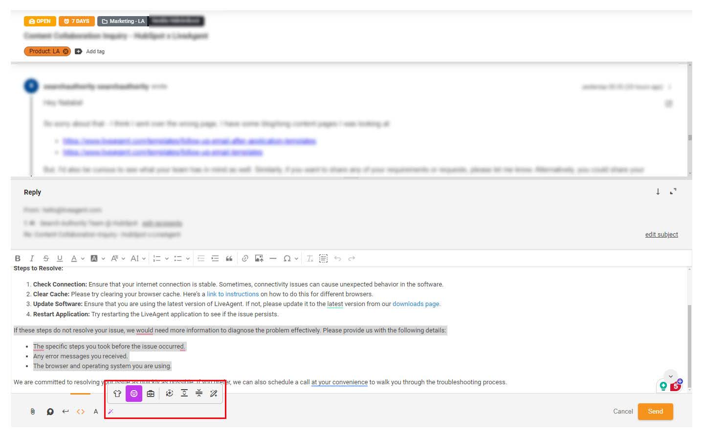 Vaizdas paryškinto AI asistento funkcijos palaikymo bilete
