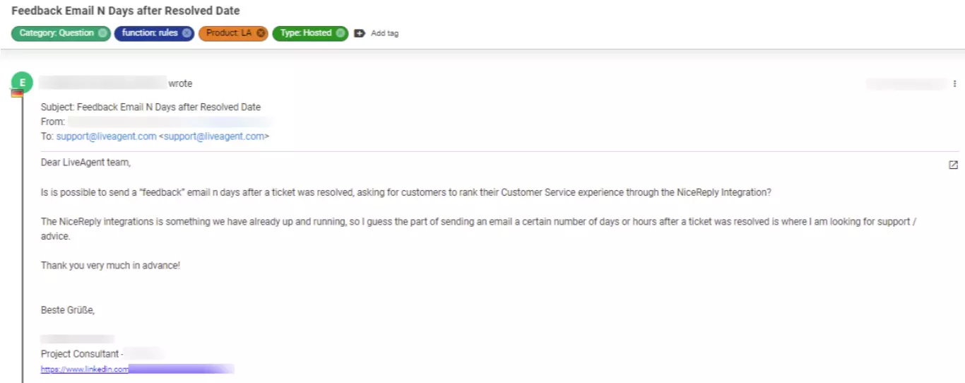 Bilieto ekrano kopija, kurioje rodoma kliento problema, kuri laikoma žemo prioriteto.