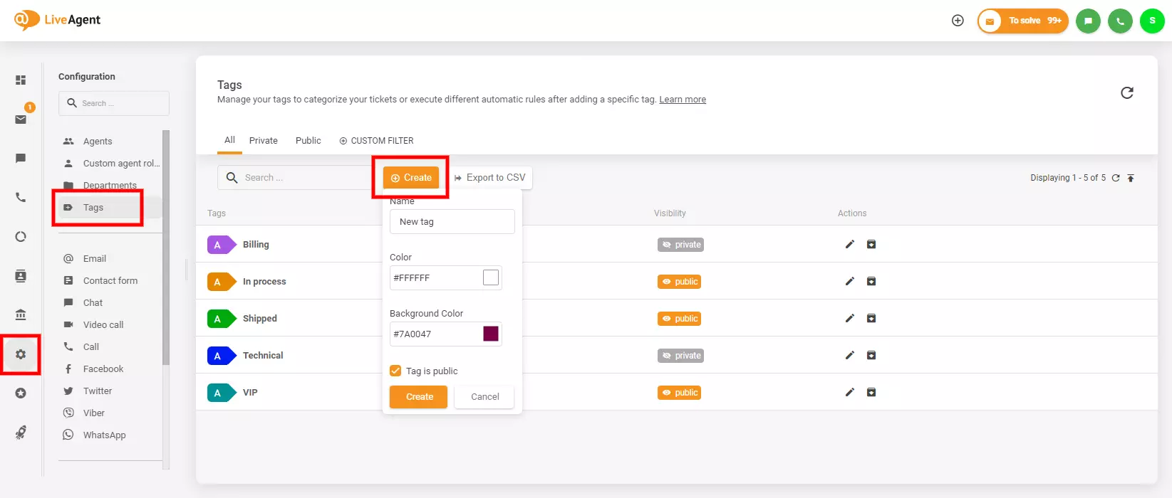 Vaizdas rodo, kur rasti ir sukurti žymas LiveAgent