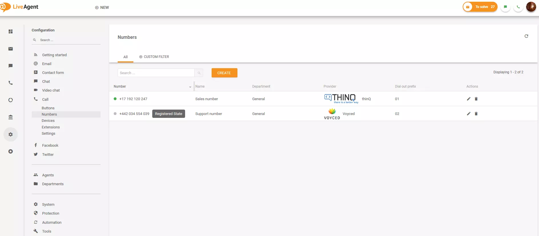 Numerių skyrius LiveAgent