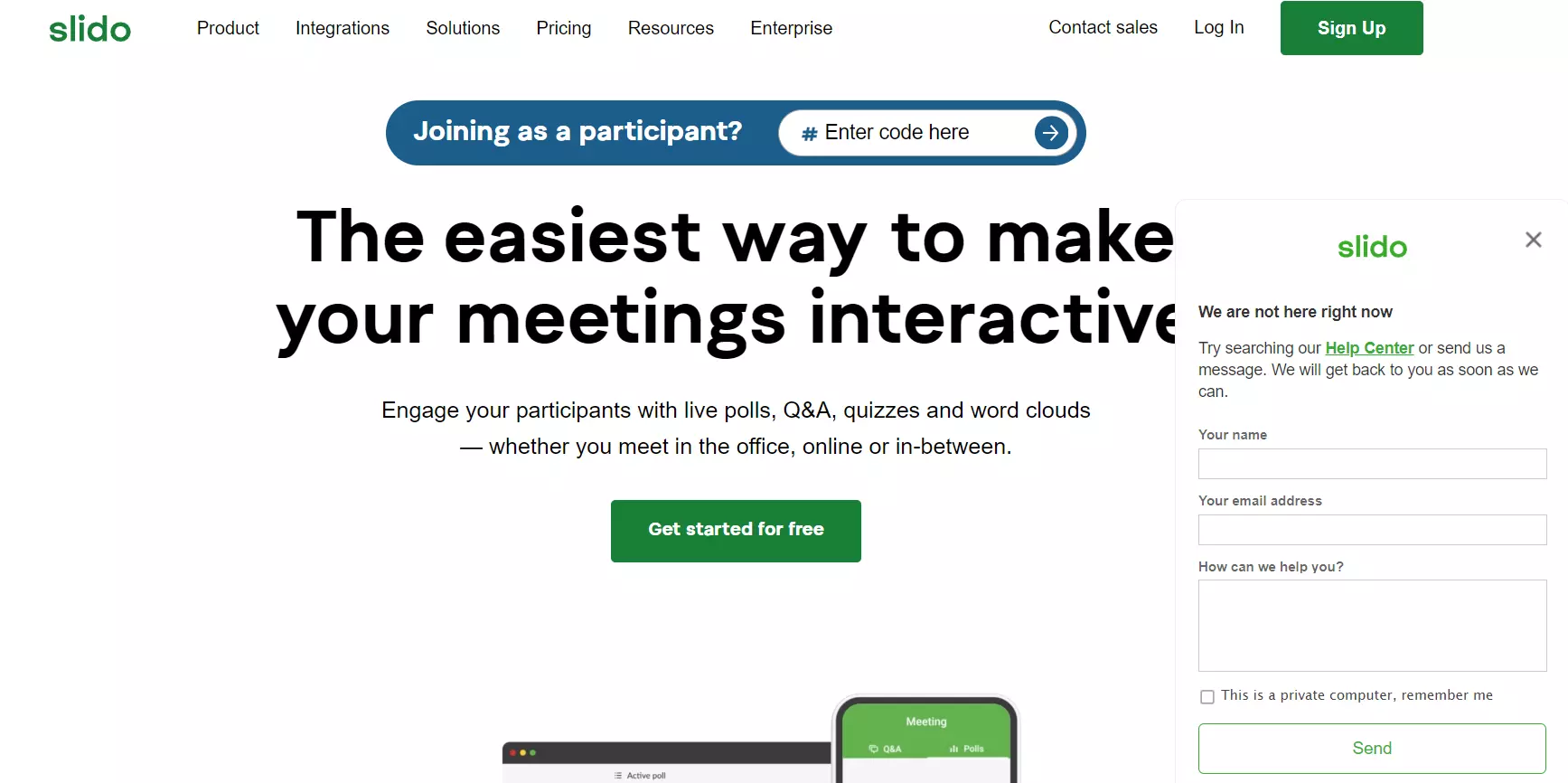 Slido pagrindinis puslapis su jų pokalbių langu
