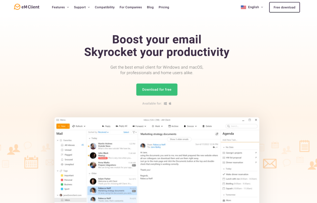 eM Client pradžios puslapis