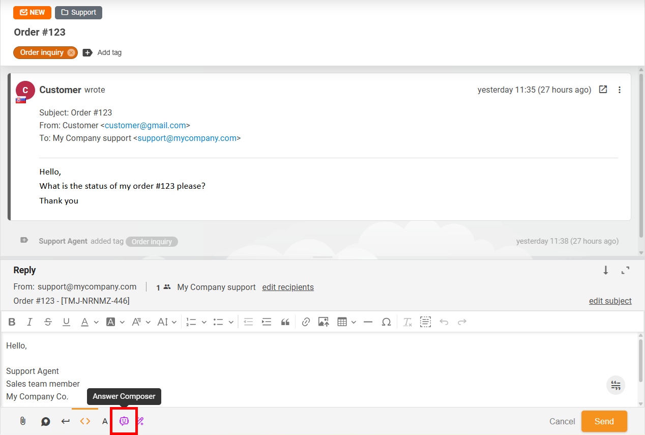 AI atsakymų rašytojo mygtukas