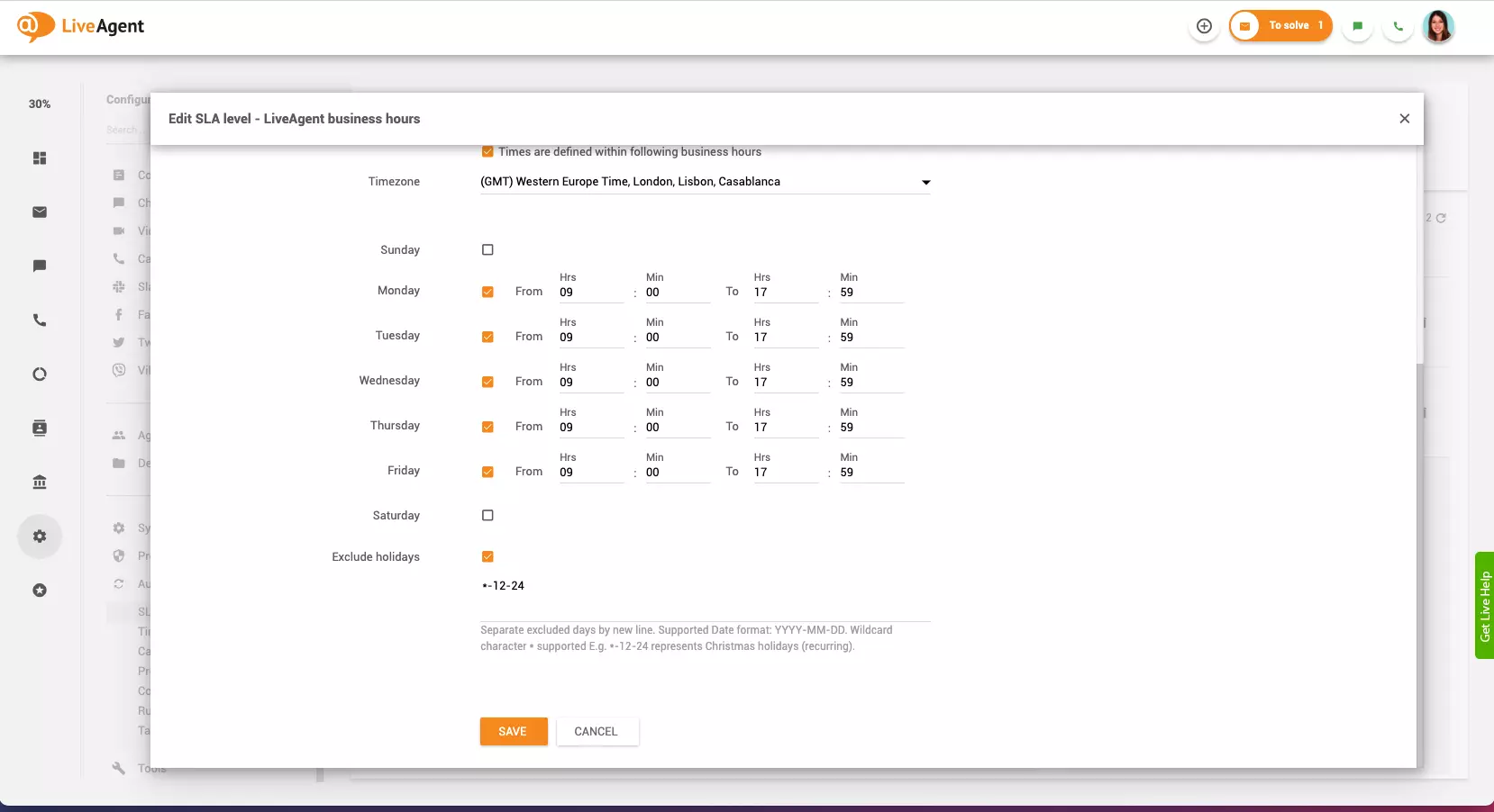 Darbo valandų nustatymas LiveAgent