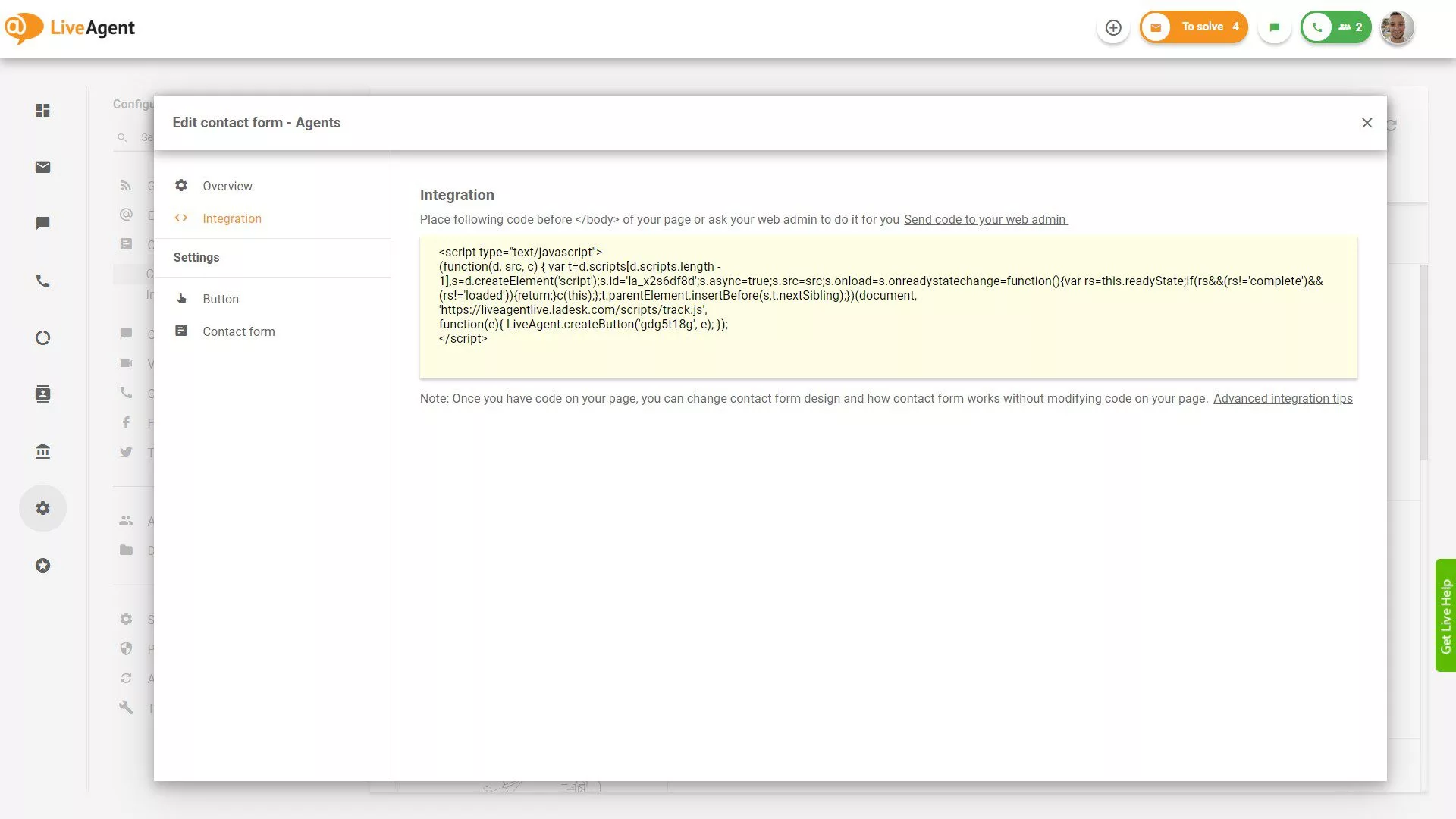 LiveAgent Contact Form Integration Code