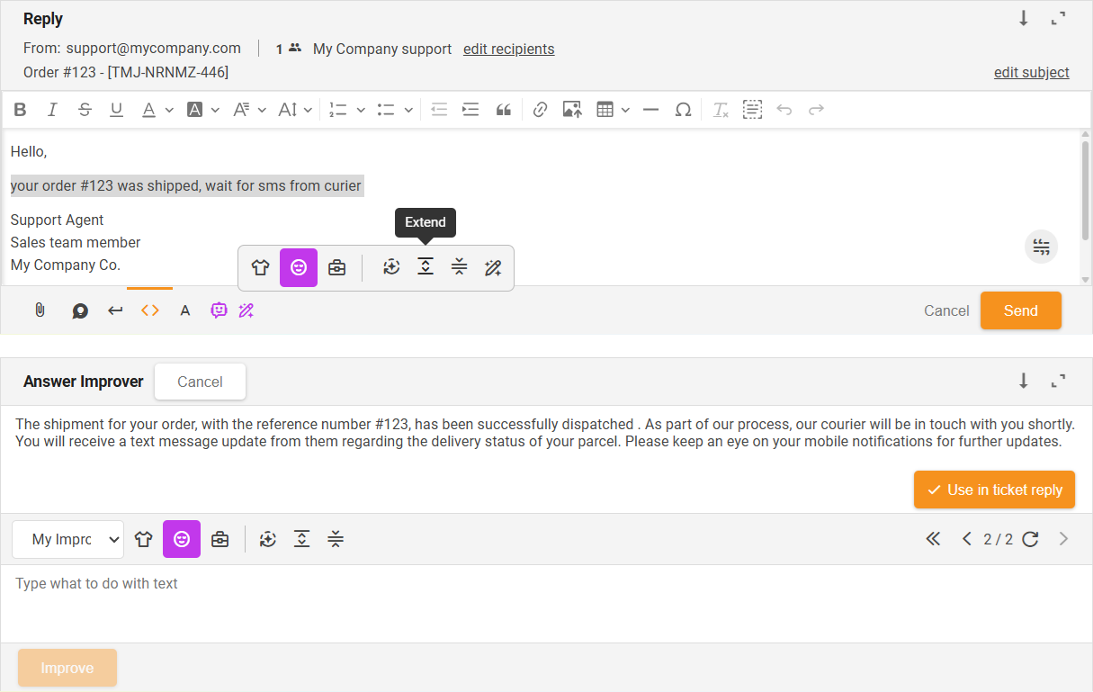 Išplėsti funkciją AI atsakymų tobulintuvas - sąsajos apžvalga