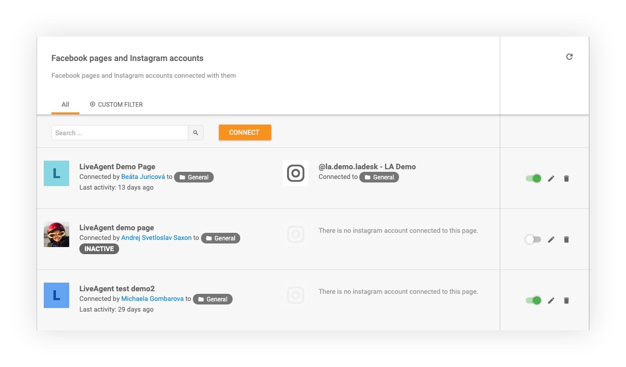 Facebook ir Instagram prijungti LiveAgent