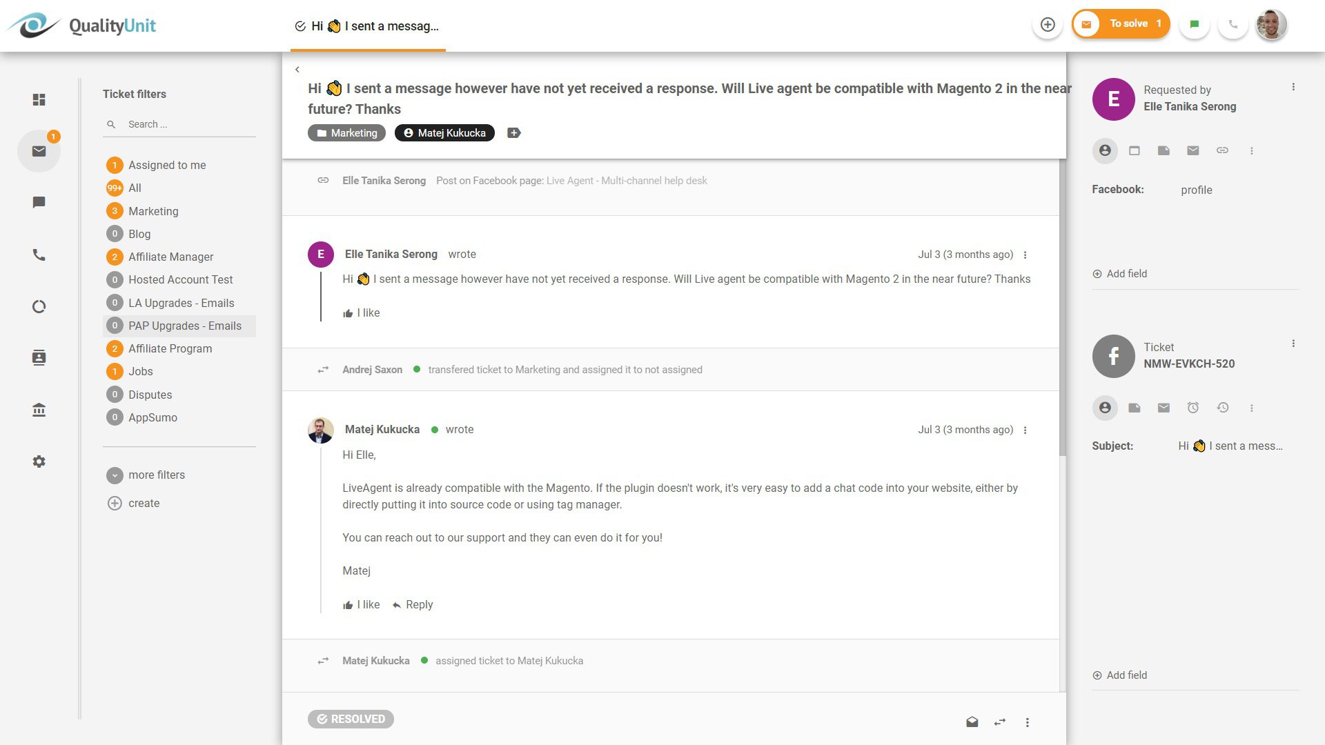 Atsakymas į Facebook įrašus iš LiveAgent