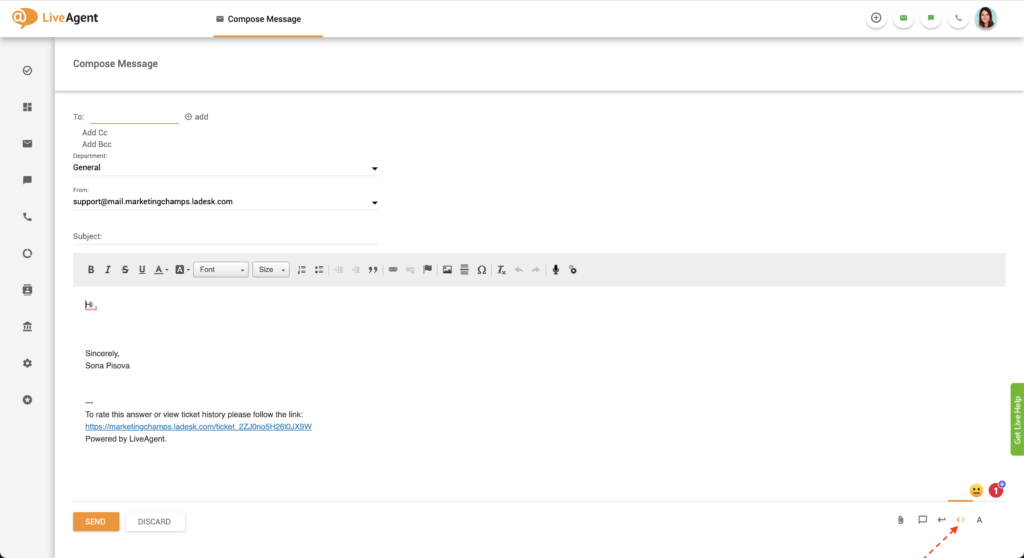HTML redaktoriaus mygtukas LiveAgent