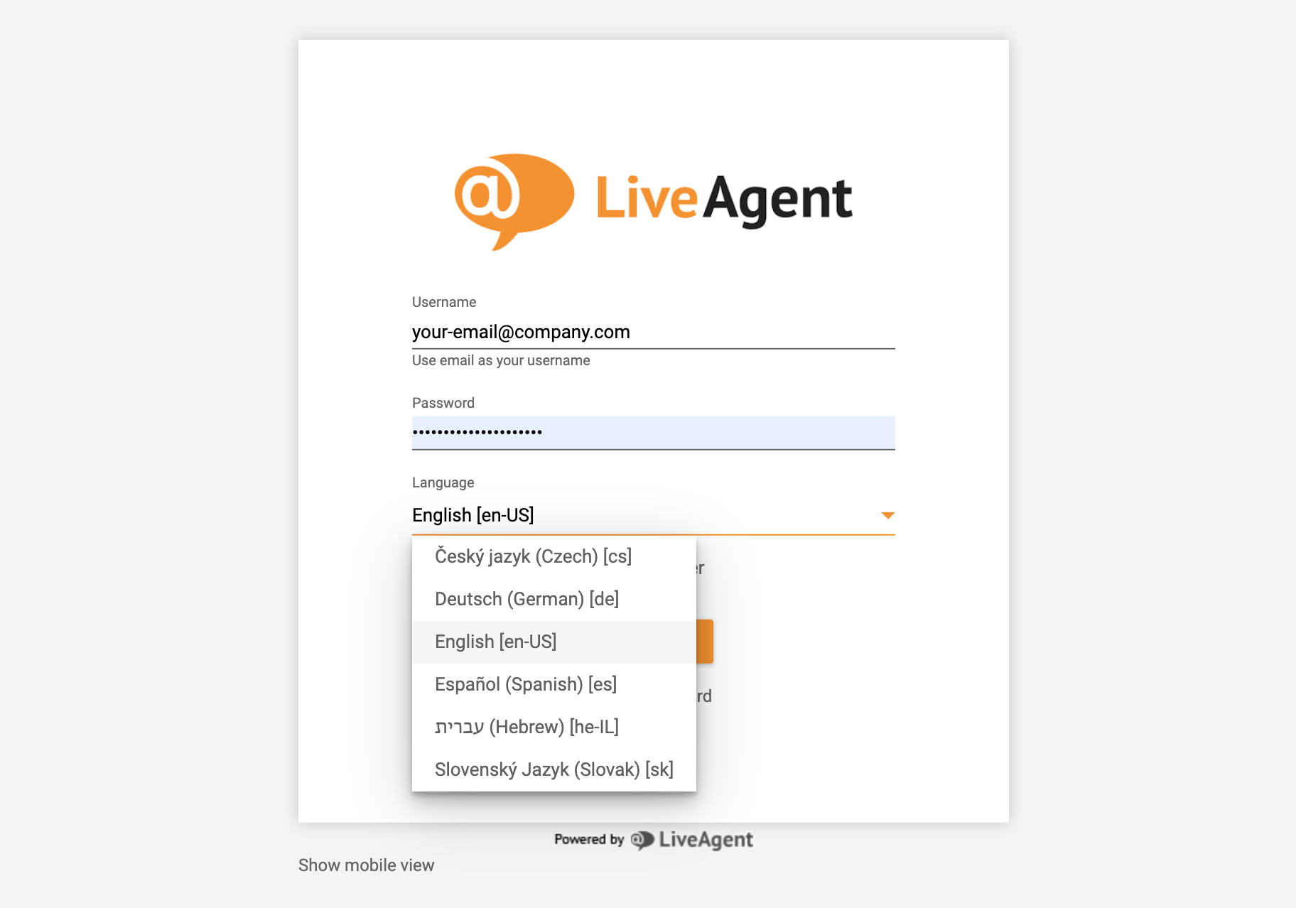 LiveAgent prisijungimas - kalbos pasirinkimas