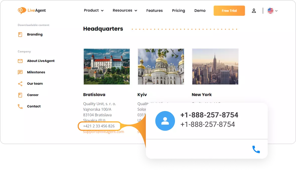 LiveAgent spustelėti skambinti kontaktinė kortelė