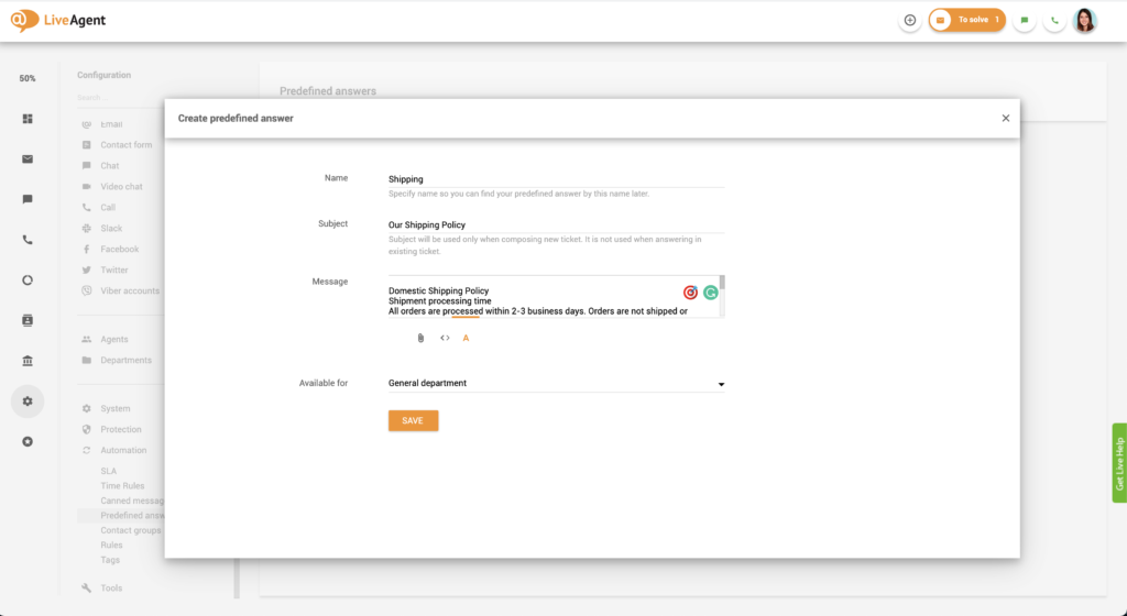 Iš anksto nustatytų atsakymų nustatymas LiveAgent