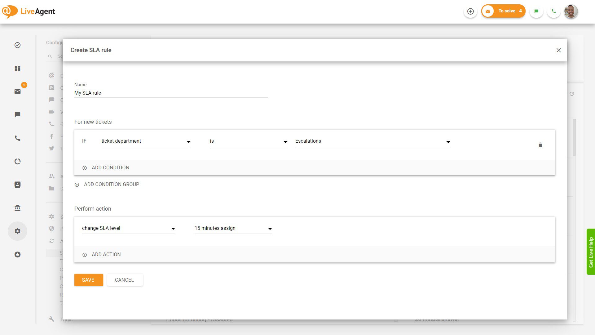 SLA taisyklės kūrimas LiveAgent