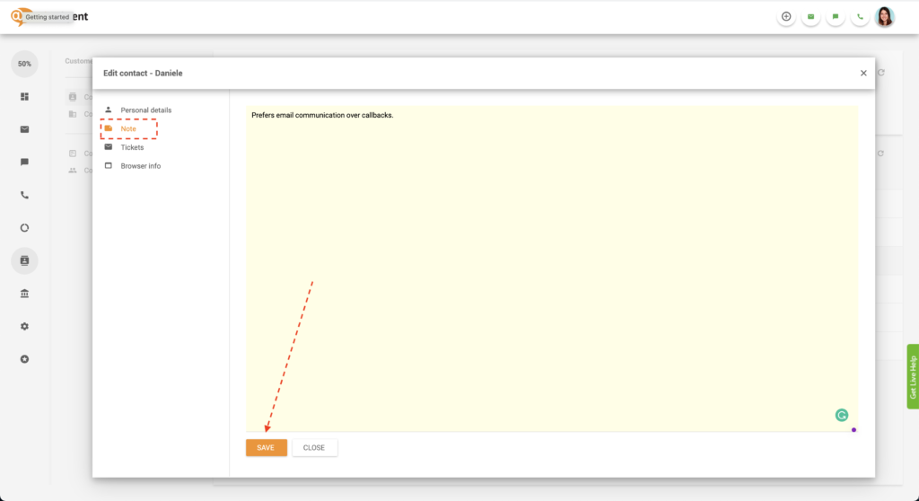 Išsaugoti kontakto pastabą LiveAgent