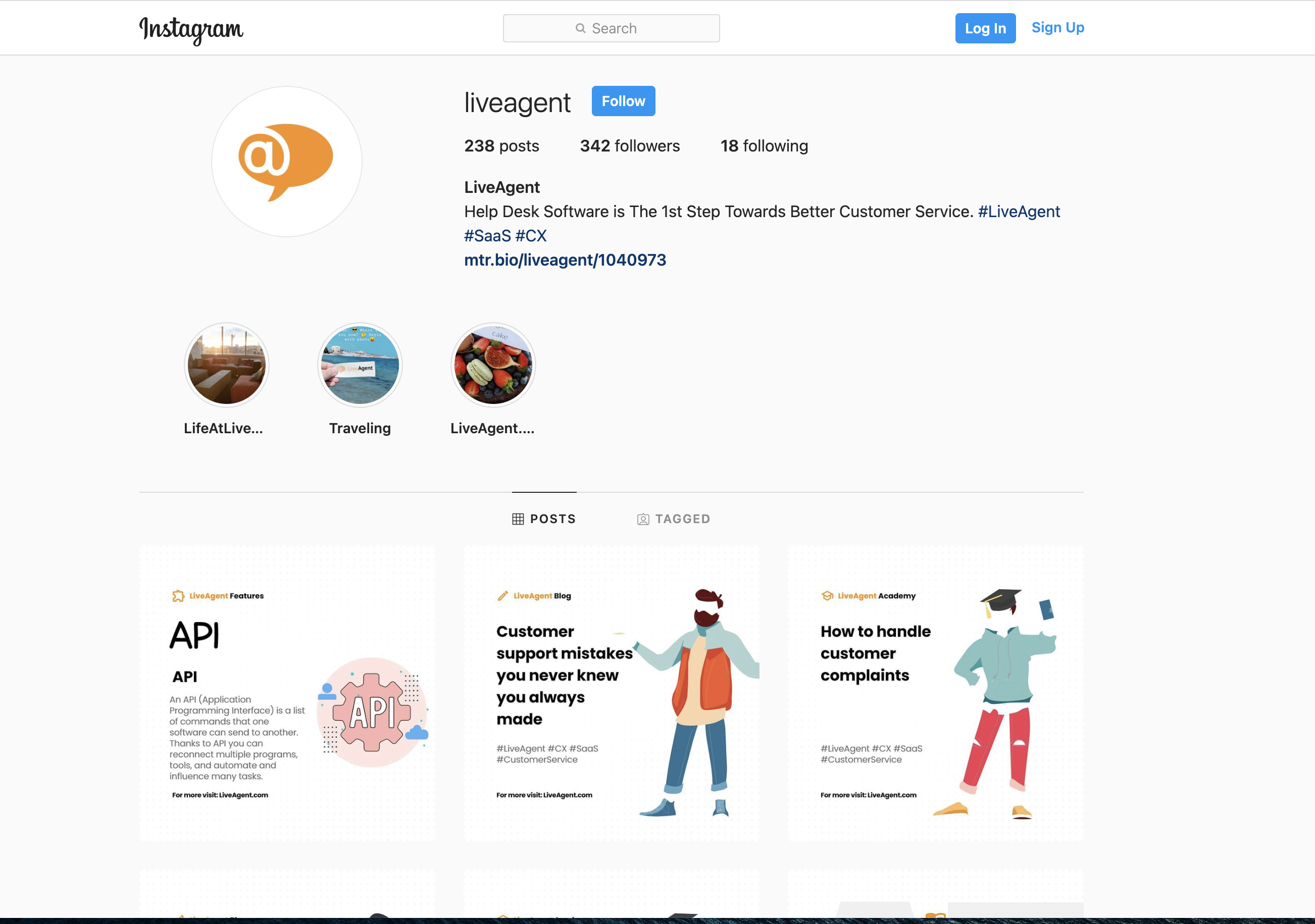 LiveAgent Instagram puslapio peržiūra