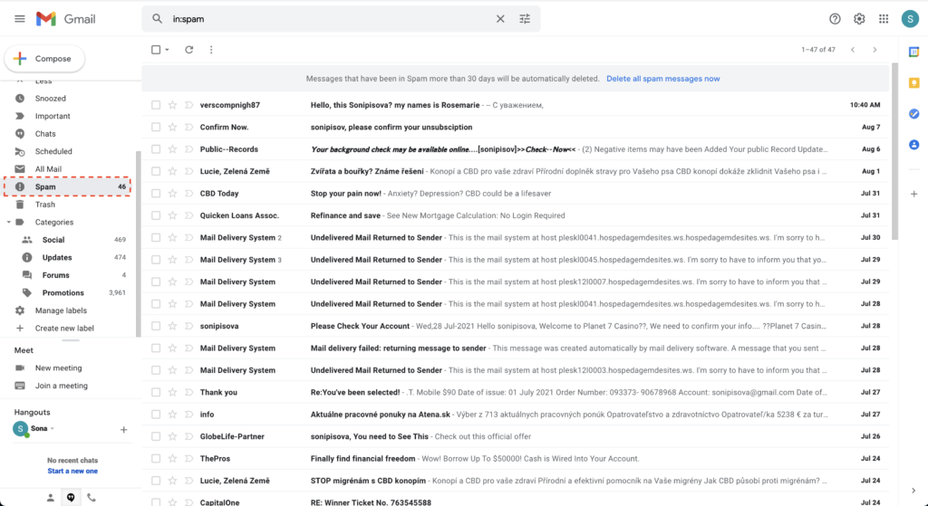 SPAM aplankas Gmail