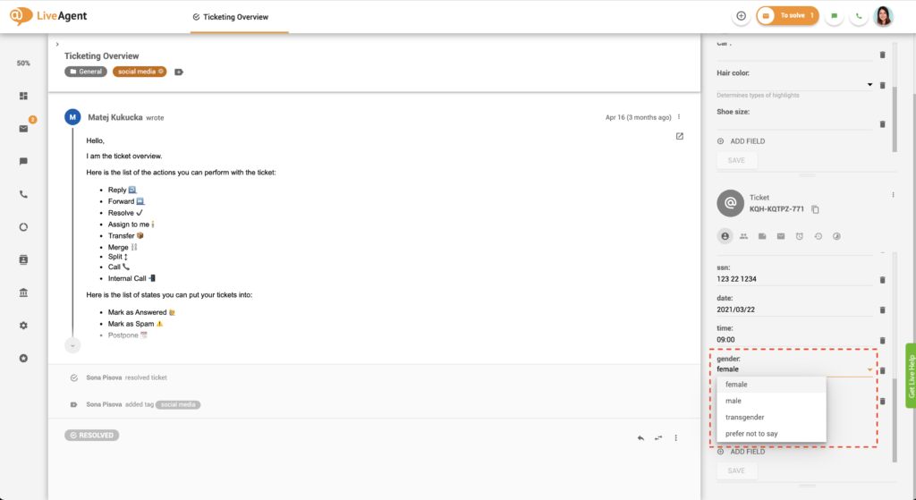 Bilieto laukų sąrašo lauko pavyzdys