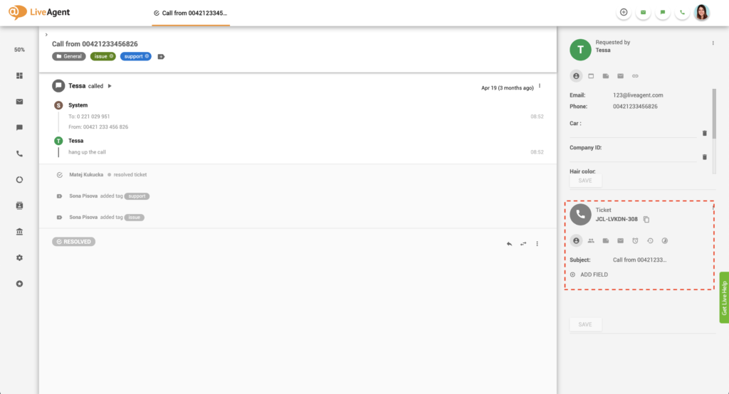 Bilieto informacijos skydelis LiveAgent