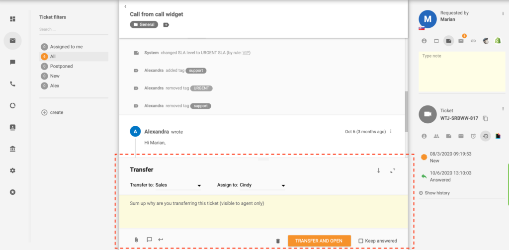 Bilieto perdavimas LiveAgent