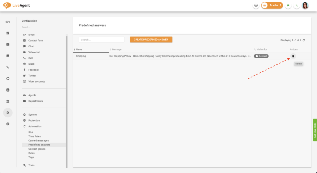 Iš anksto nustatyto atsakymo trynimas LiveAgent