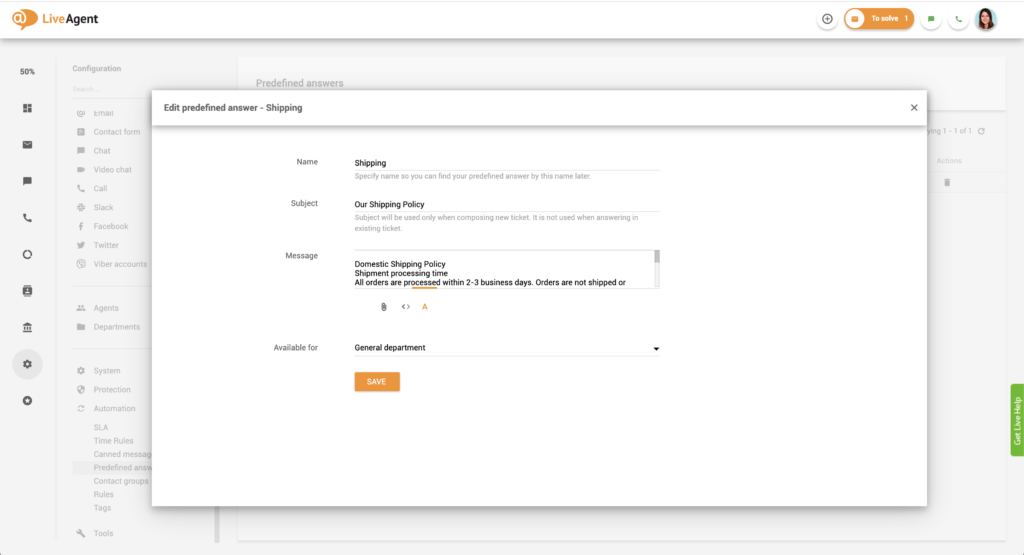 Iš anksto nustatytų atsakymų redagavimas LiveAgent