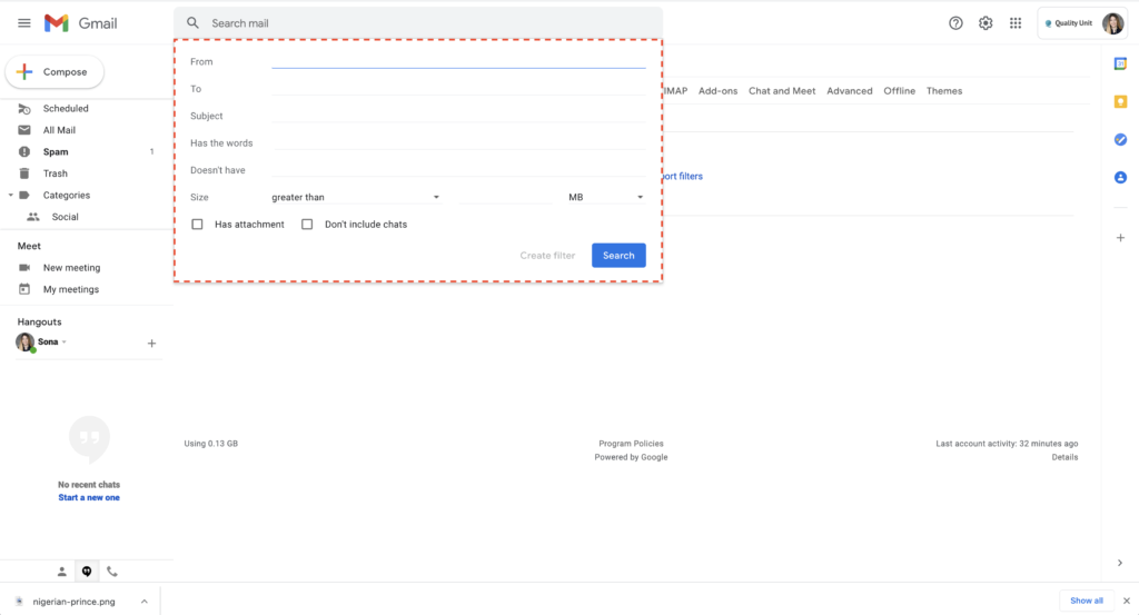Gmail SPAM filtravimo pavyzdys 2