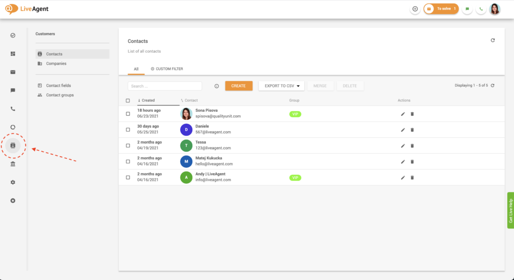 Kontaktų paieška LiveAgent