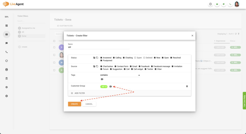 LiveAgent" VIP bilieto filtro pridėjimas
