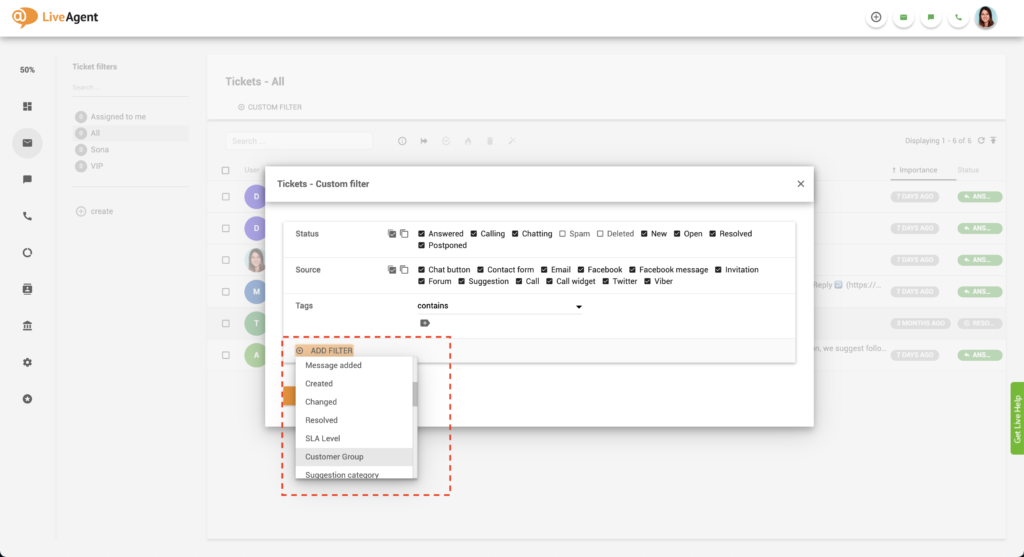 LiveAgent" kliento filtro pridėjimas
