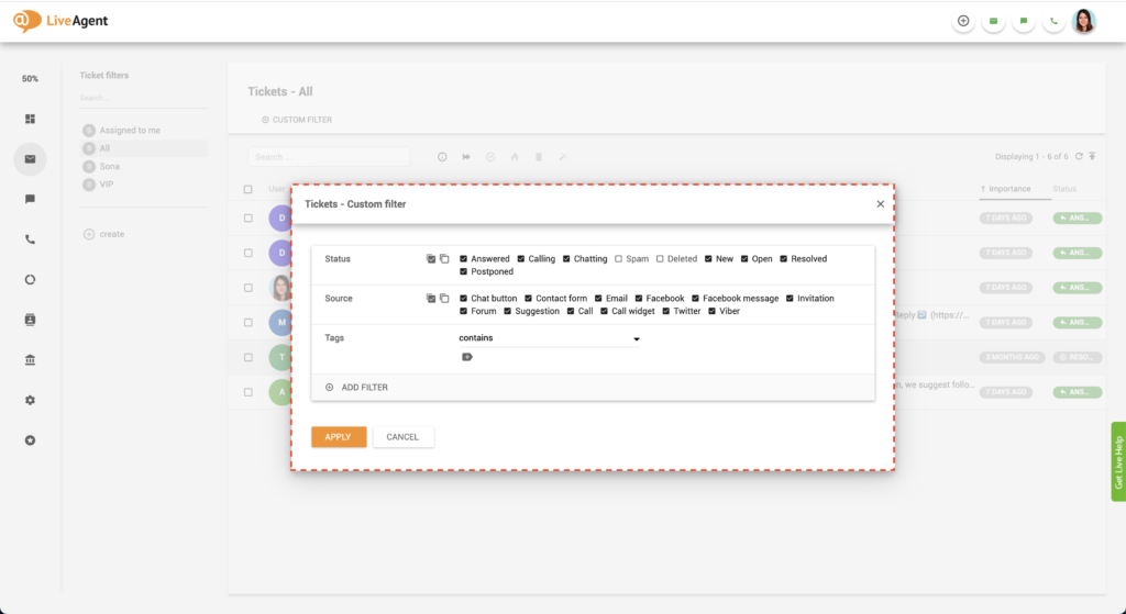 LiveAgent" filtro pasirinkimas