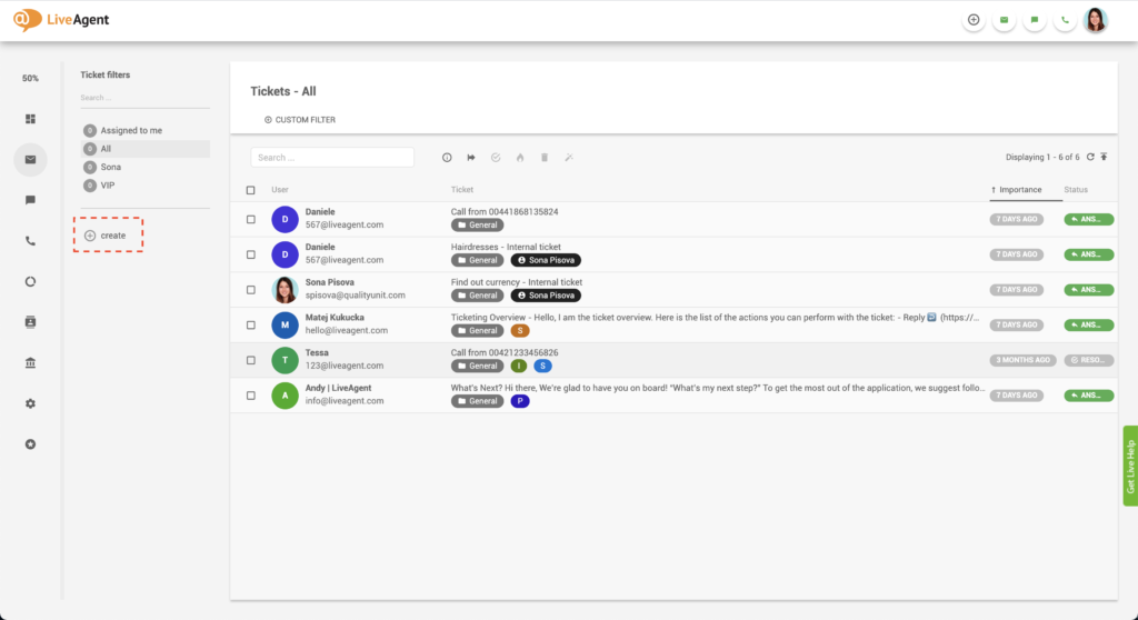 LiveAgent" kurti filtrą