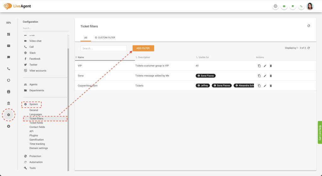 LiveAgent" kurti globalinį filtrą