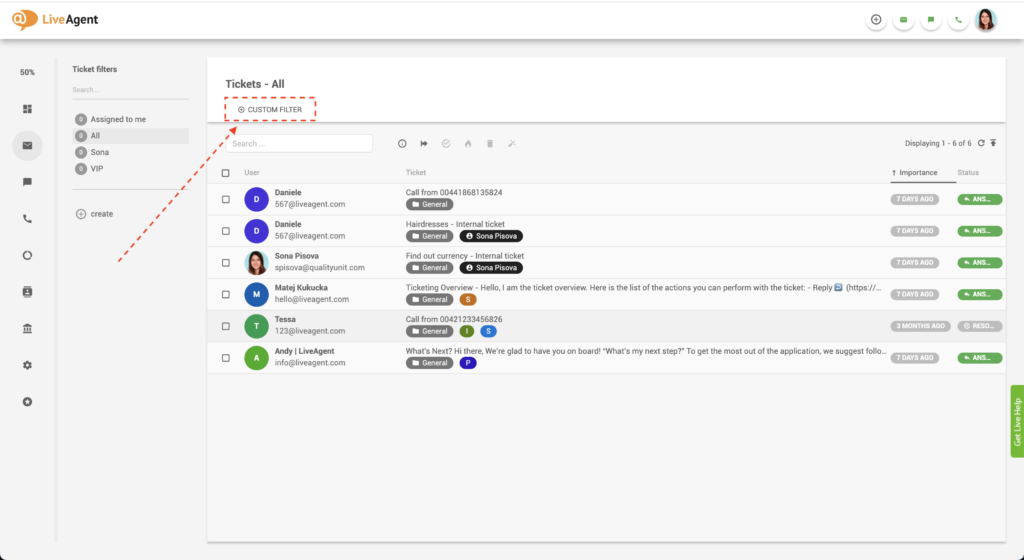 LiveAgent" pasirinktinis filtras