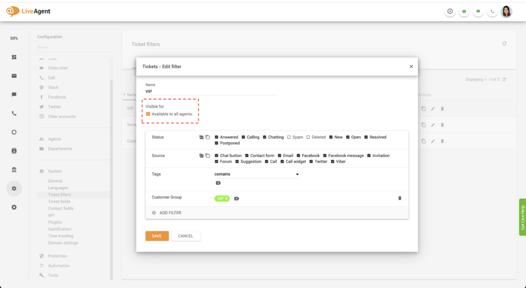 LiveAgent" redaguoti globalinį filtrą