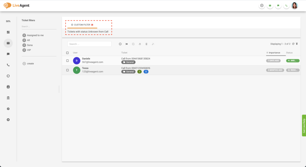 LiveAgent" filtruoti bilietai