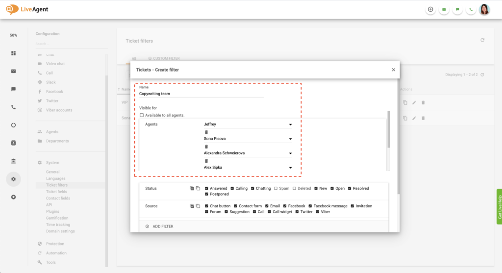 LiveAgent" globalinis filtras