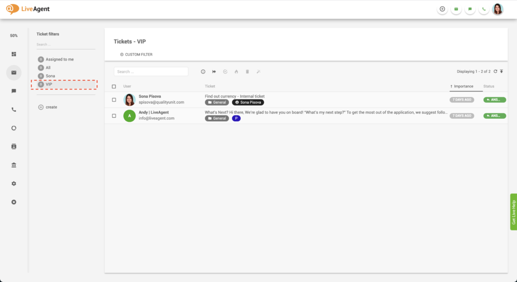 LiveAgent" VIP bilieto filtras