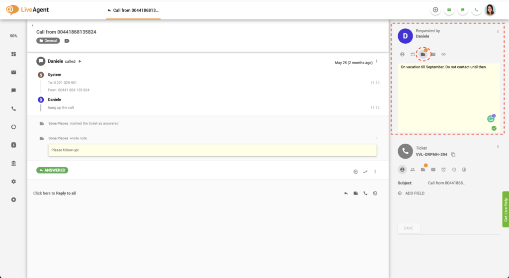 Liveagent kliento pastaba