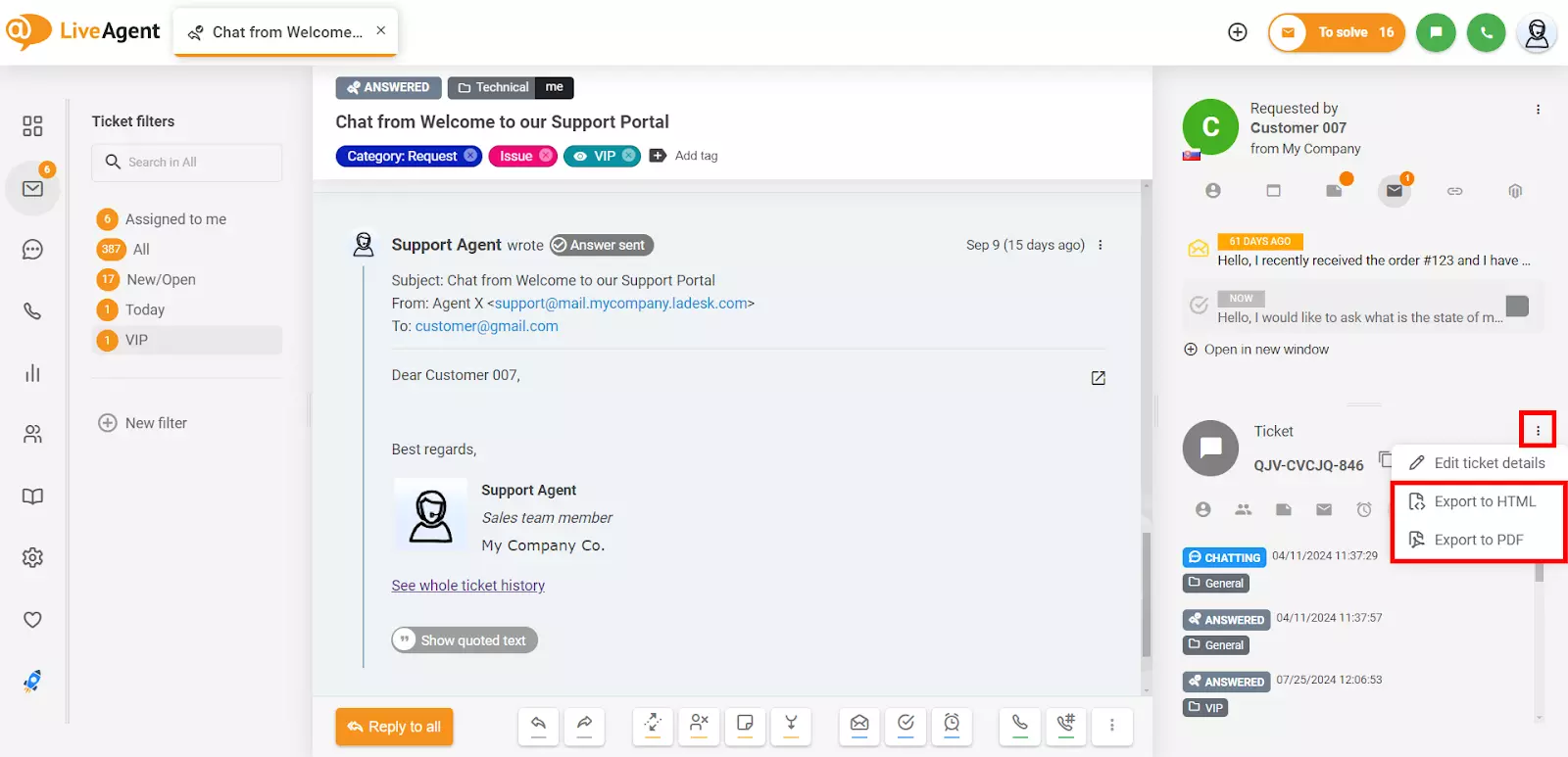 Liveagent bilieto išsamios informacijos eksportavimo bilietas