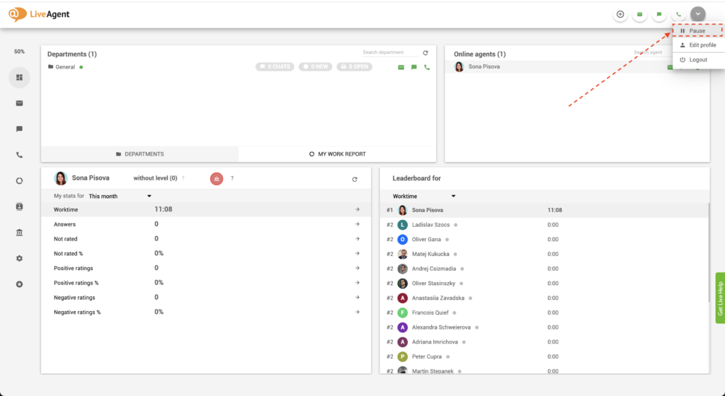 LiveAgent - pauzės mygtukas