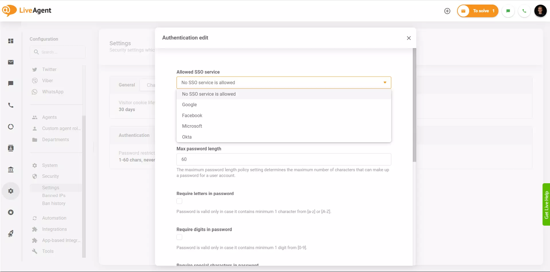 LiveAgent SSO teikėjai