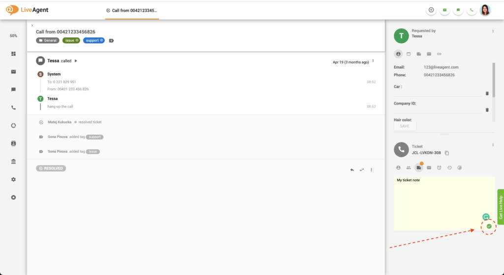 LiveAgent bilieto pastabos