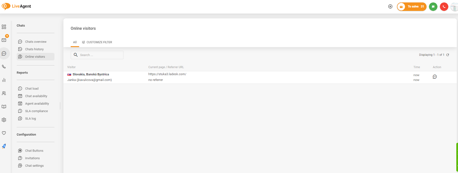 Svetainės lankytojų sekimo ekrano kopija LiveAgent