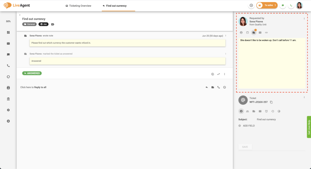 Pastabos biletose - LiveAgent