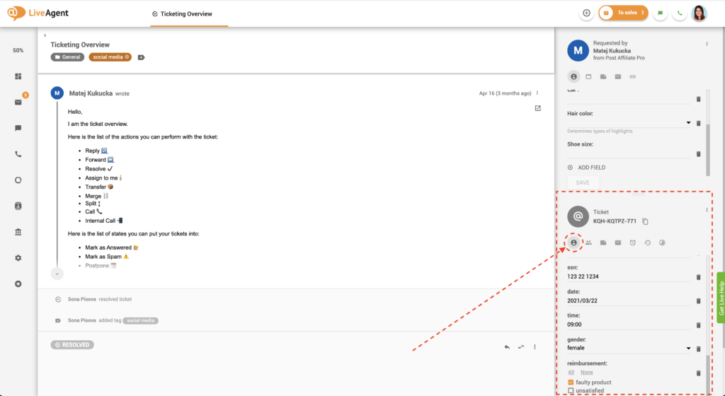 Bilieto laukai bilieto peržiūroje