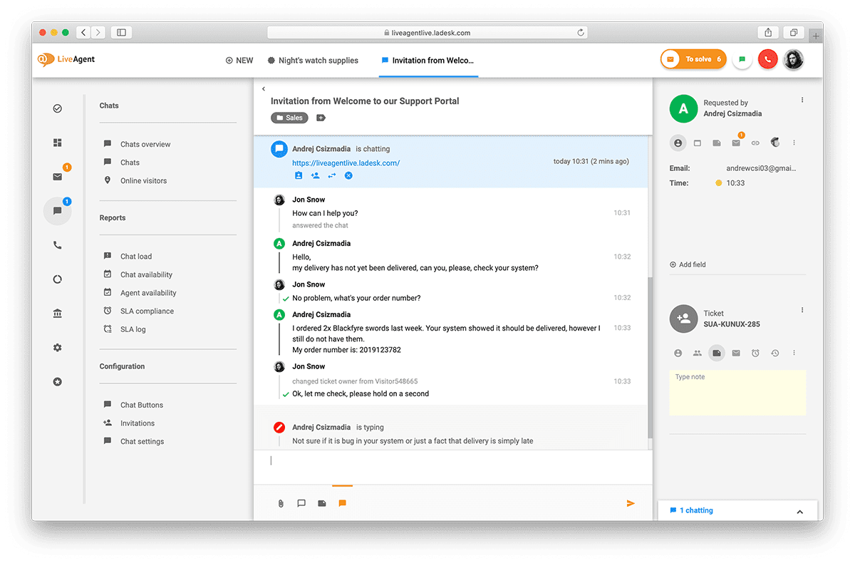 Tiesioginio pokalbio sąsajos peržiūra LiveAgent platformoje.