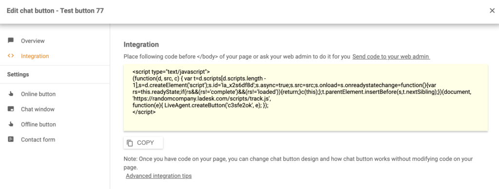 Shift4shop LiveAgent integracijos kodas